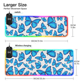 Blue Butterfly Wireless Charging Mouse Pad for Mobile Phone Extra Large Gaming Mousepad with 13 Lighting Modes Keyboard Mat for Office Home Gaming MacBook PC Laptop Desk